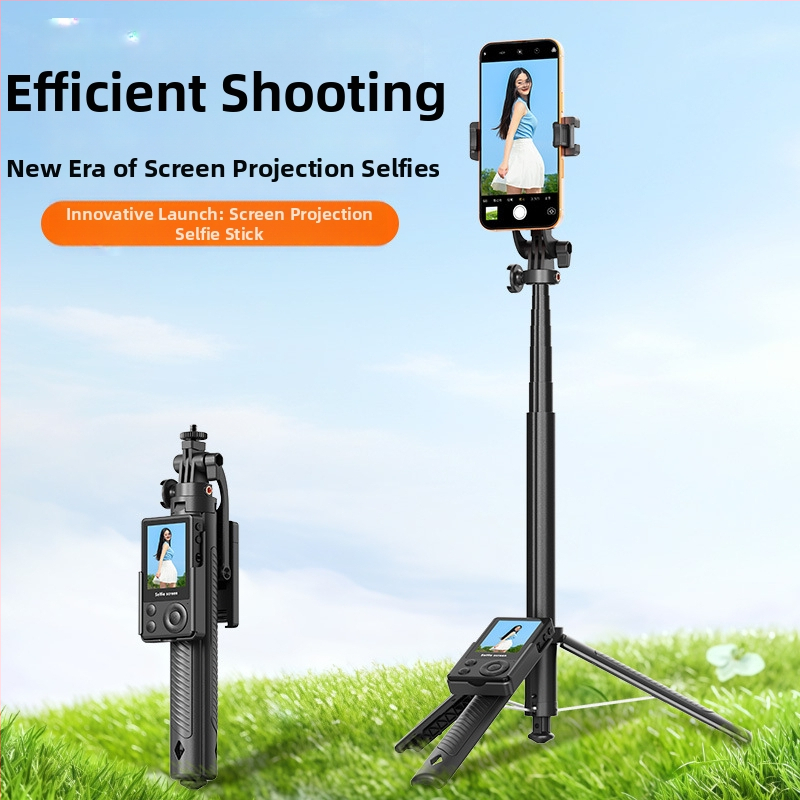 Selfie tyč s obrazovkou a živým prenosom zo zadnej kamery, antivibračný, teleskopická tyč, diaľkové ovládanie a Bluetooth