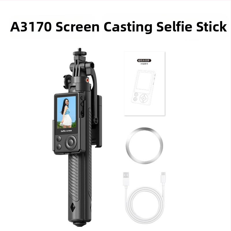 Selfie tyč s obrazovkou a živým prenosom zo zadnej kamery, antivibračný, teleskopická tyč, diaľkové ovládanie a Bluetooth