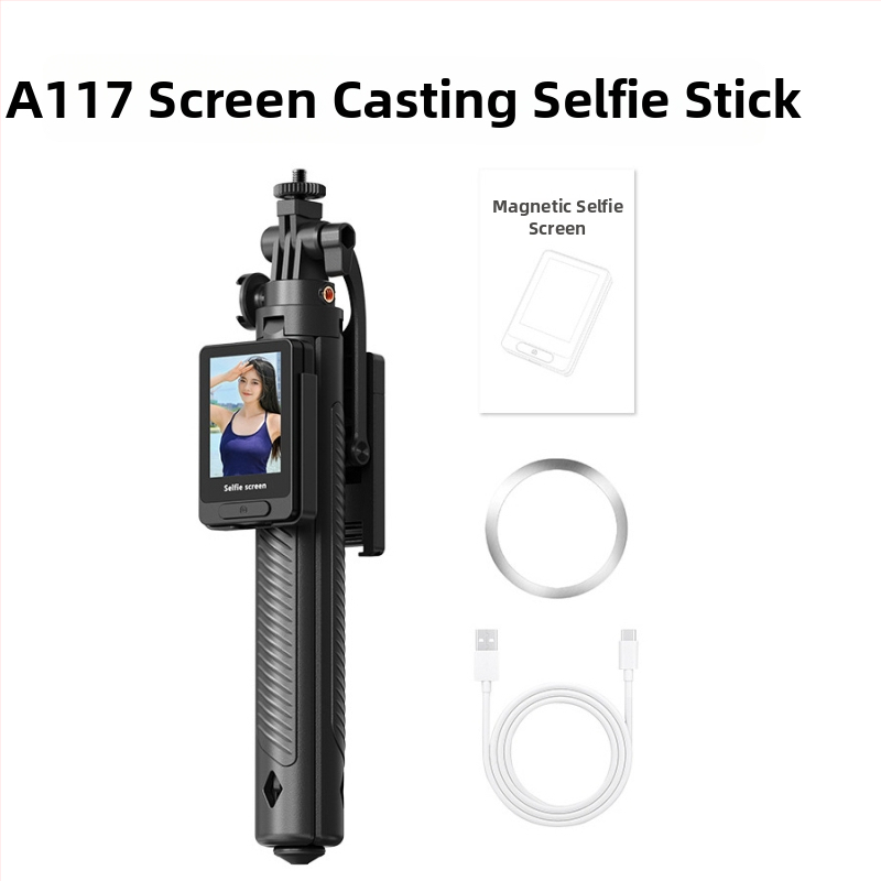 Selfie tyč s obrazovkou a živým prenosom zo zadnej kamery, antivibračný, teleskopická tyč, diaľkové ovládanie a Bluetooth