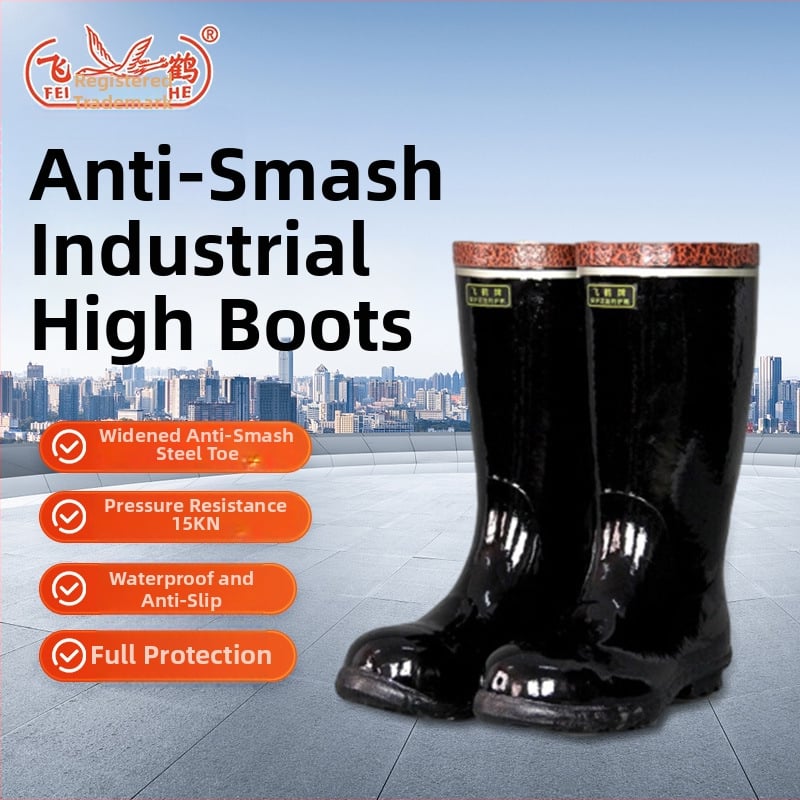 Flying Crane високи предпазни ботуши с стоманено носче, естествен каучук и памучна подплата; защита срещу смачкване; за подземен въгледобив; противохлъзгащи, издръжливи