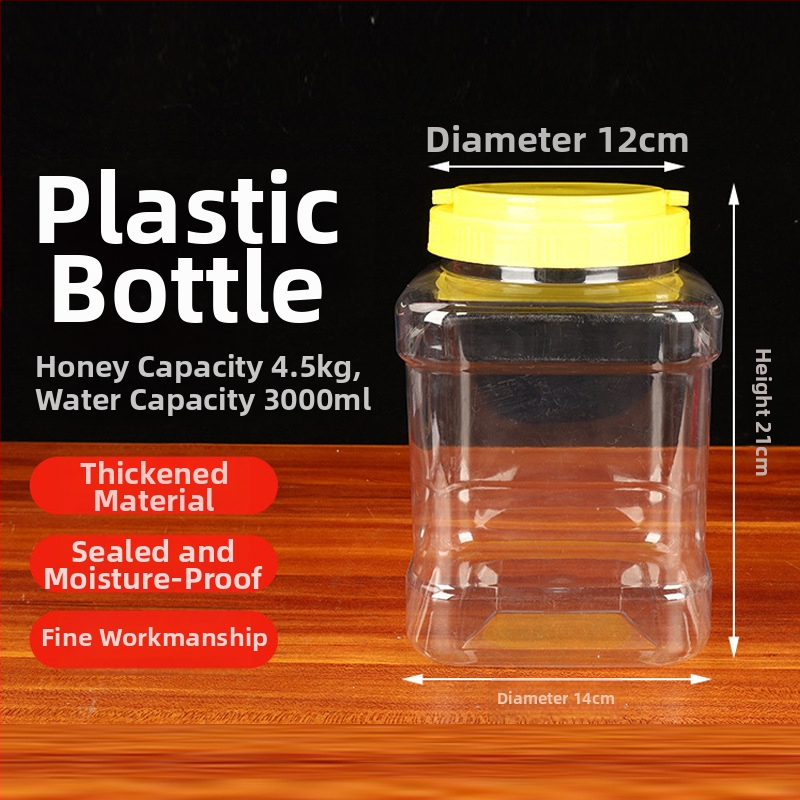 Kvadratna boca za med, PET plast, s poklopcem; općenito pakiranje, Marka Like Yang Plastic Industry, Podrijetlo: Xuchang, Henan, Kina.