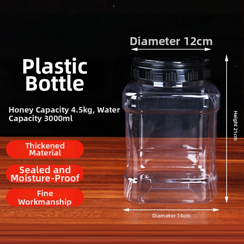 Kvadratna boca za med, PET plast, s poklopcem; općenito pakiranje, Marka Like Yang Plastic Industry, Podrijetlo: Xuchang, Henan, Kina.