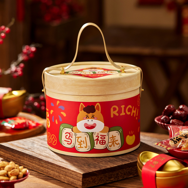 Подаръчна кутия за сладки и бисквити с кръгла форма | удебелена хартия с дървесен модел, печат, персонализация