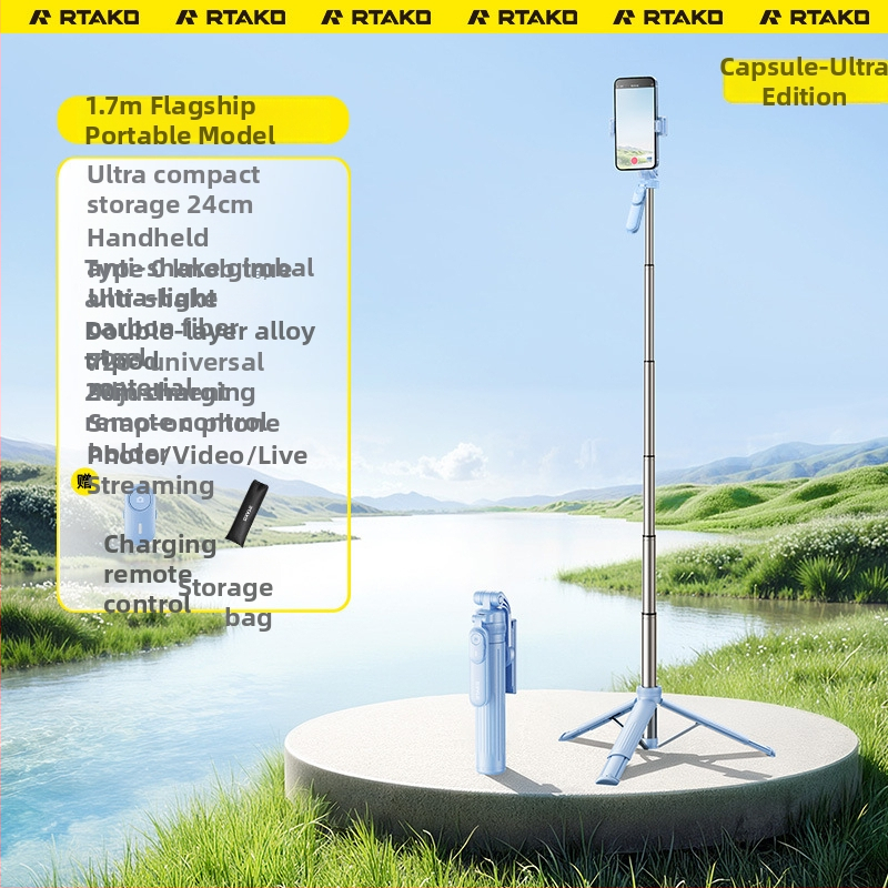 Rtako 2025 Selfie tyč s podstavcom na telefón, prenosný, stabilizácia obrazu, diaľkové ovládanie, Bluetooth, LED osvetlenie, ABS+ hliníková zliatina