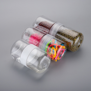 Dvojstranná transparentná fľaša na sladkosti, PET plastový kontajner na občerstvenie a čaj, s tlačeným logom, hrúbka steny 1 mm, netto hmotnosť 80 g