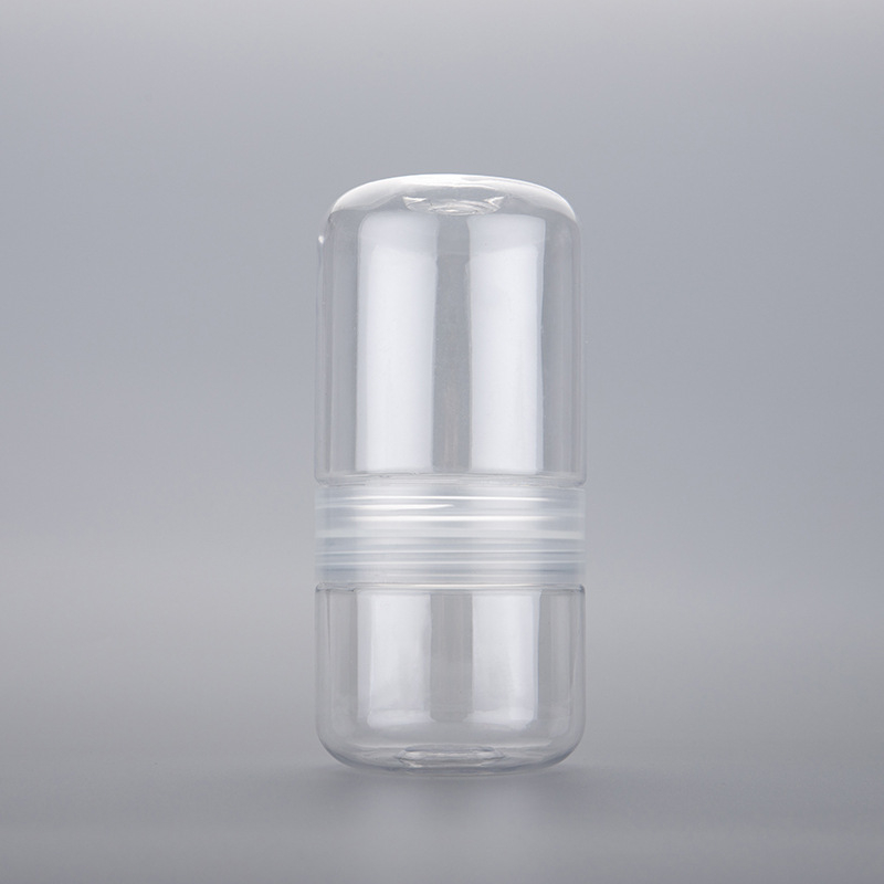 Dvojstranná transparentná fľaša na sladkosti, PET plastový kontajner na občerstvenie a čaj, s tlačeným logom, hrúbka steny 1 mm, netto hmotnosť 80 g