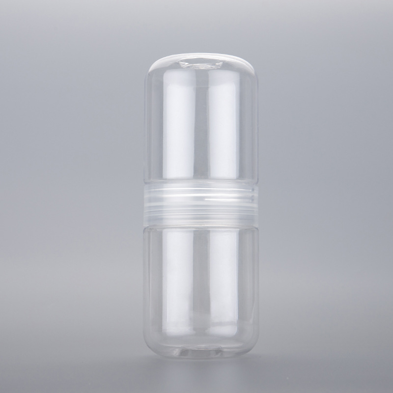 Dvojstranná transparentná fľaša na sladkosti, PET plastový kontajner na občerstvenie a čaj, s tlačeným logom, hrúbka steny 1 mm, netto hmotnosť 80 g