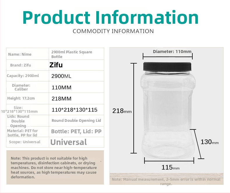 Ručná štvorcová fľaša PET s plochým uzáverom, tesnenie z hliníkovej fólie a tlačené logo