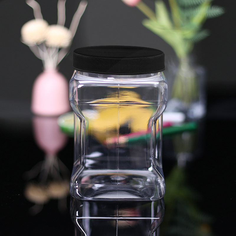 Sticlă PET pătrată de mână, cu capac plat, garnitură din folie de aluminiu și logo imprimat