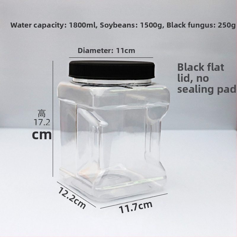 Ručná štvorcová fľaša PET s plochým uzáverom, tesnenie z hliníkovej fólie a tlačené logo