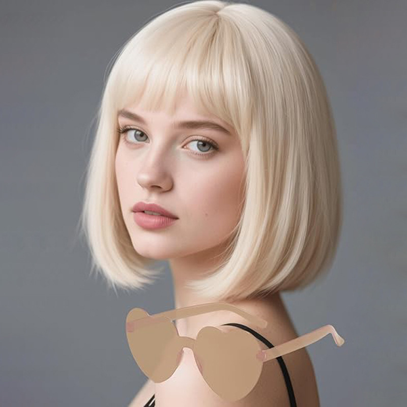 Perucă bob scurt pentru purtare zilnică, cu breton, model 4500, fibre termoresistente, construcție cu mecanism, potrivită pentru doamne, conturarea feței