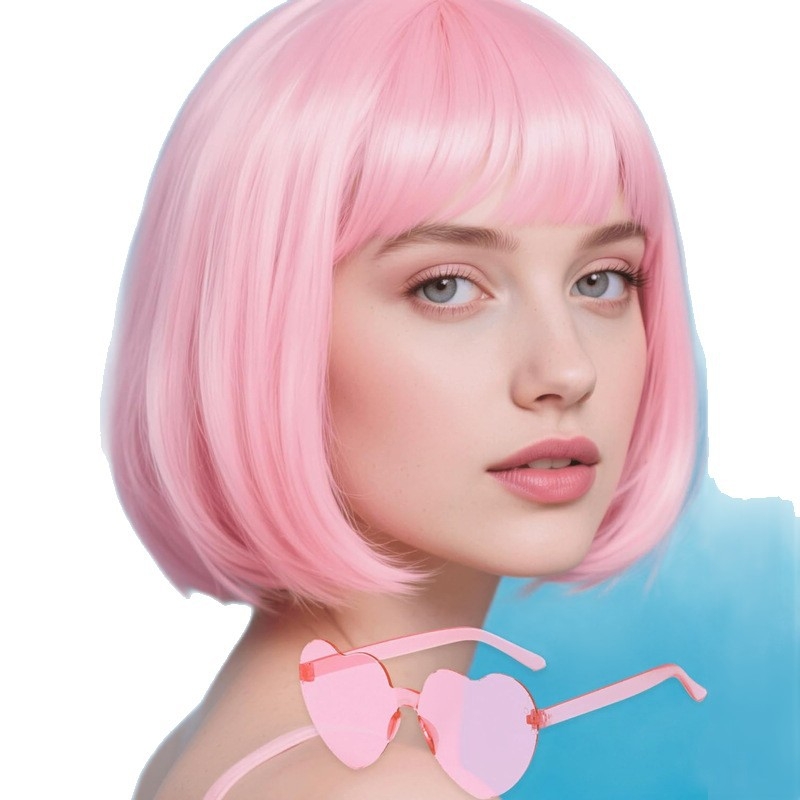 Perucă bob scurt pentru purtare zilnică, cu breton, model 4500, fibre termoresistente, construcție cu mecanism, potrivită pentru doamne, conturarea feței