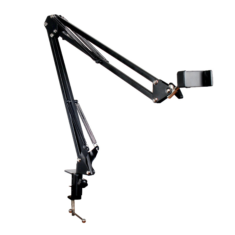 Suport pentru tabletă și telefon cu braț telescopic rotativ, cadru metalic pliabil, montaj prin clemă, anti-vibrații