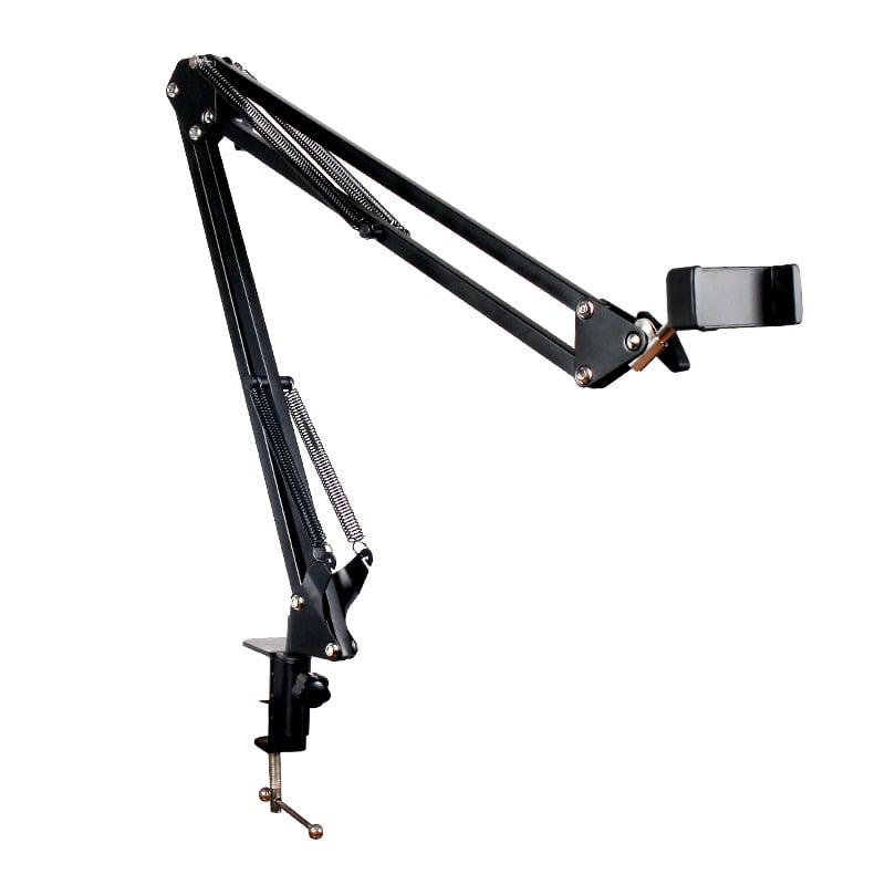 Suport pentru tabletă și telefon cu braț telescopic rotativ, cadru metalic pliabil, montaj prin clemă, anti-vibrații