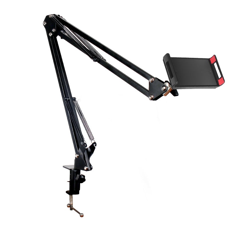 Suport pentru tabletă și telefon cu braț telescopic rotativ, cadru metalic pliabil, montaj prin clemă, anti-vibrații