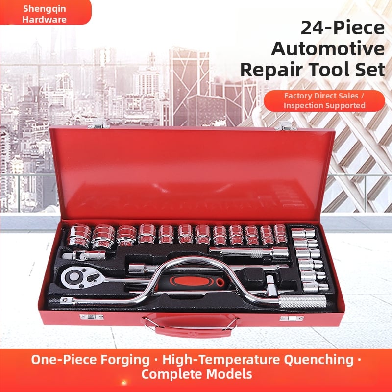 24-djelni set alata za auto popravke od krom-vanadijske čelika, marke Saint qin; kutija alata; pogodna za kućno održavanje, popravke automobila, motocikla i bicikla; namijenjeno mehaničkim popravcima.