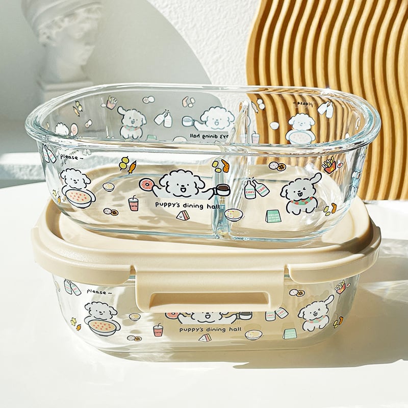 Κουτί γευμάτων από θερμοανθεκτικό γυαλί, ορθογώνιο σχήμα, συμβατό με φούρνο μικροκυμάτων, διαχωριστικά και σφράγιση, χωρητικότητα 800–1000 ml