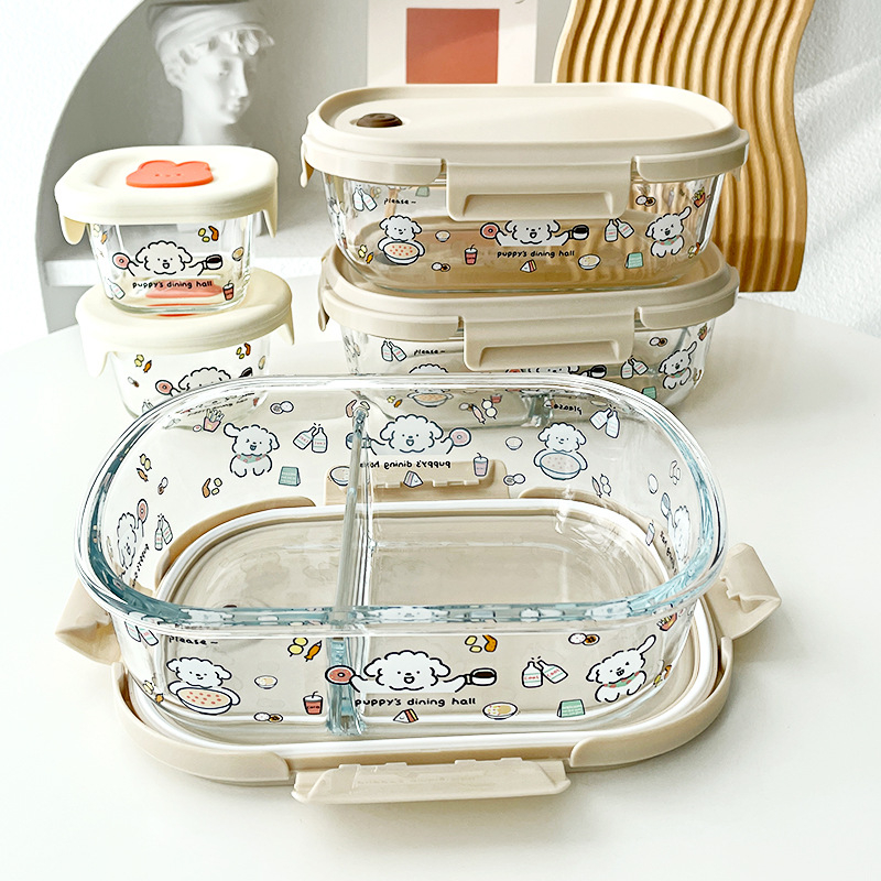 Κουτί γευμάτων από θερμοανθεκτικό γυαλί, ορθογώνιο σχήμα, συμβατό με φούρνο μικροκυμάτων, διαχωριστικά και σφράγιση, χωρητικότητα 800–1000 ml