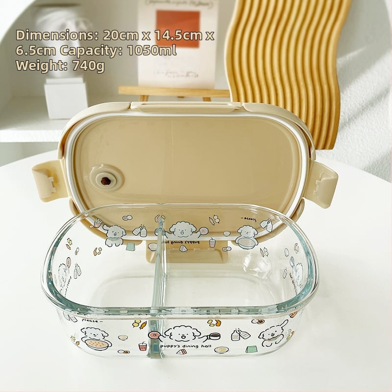 Κουτί γευμάτων από θερμοανθεκτικό γυαλί, ορθογώνιο σχήμα, συμβατό με φούρνο μικροκυμάτων, διαχωριστικά και σφράγιση, χωρητικότητα 800–1000 ml