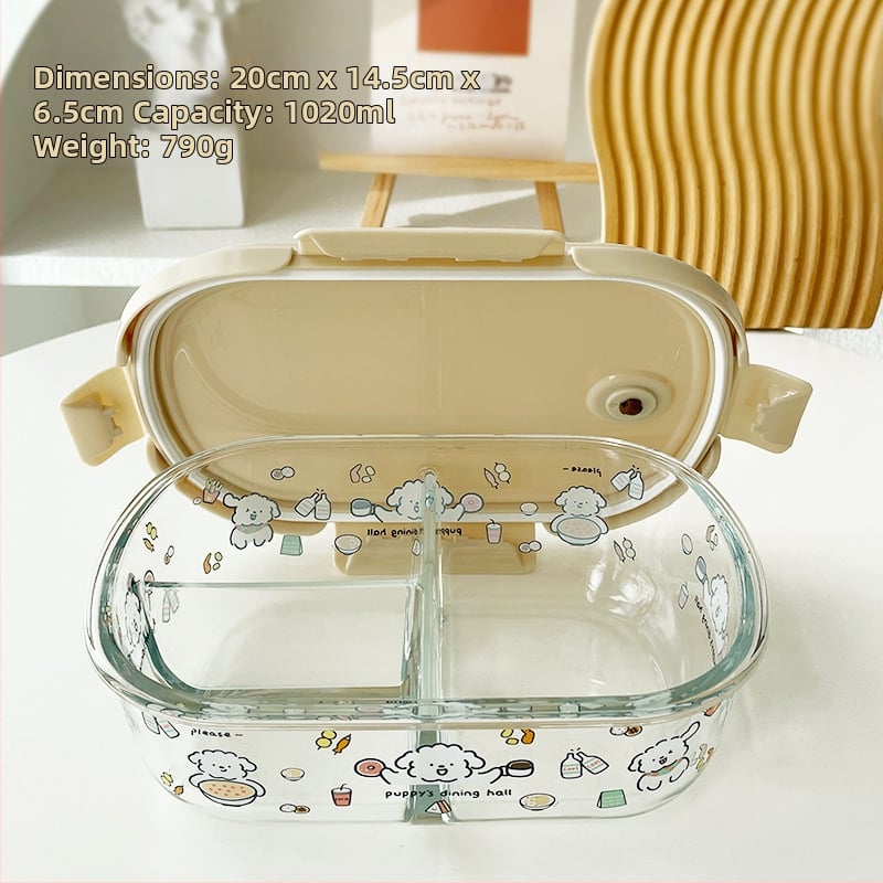 Κουτί γευμάτων από θερμοανθεκτικό γυαλί, ορθογώνιο σχήμα, συμβατό με φούρνο μικροκυμάτων, διαχωριστικά και σφράγιση, χωρητικότητα 800–1000 ml