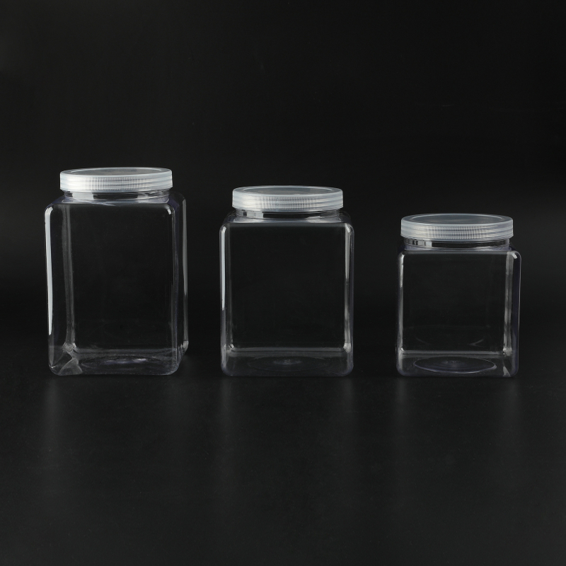 Štvorcová plastová fľaša na skladovanie so širokým hrdlom a skrutkovacím uzáverom, PP/PET, prispôsobiteľná kapacita