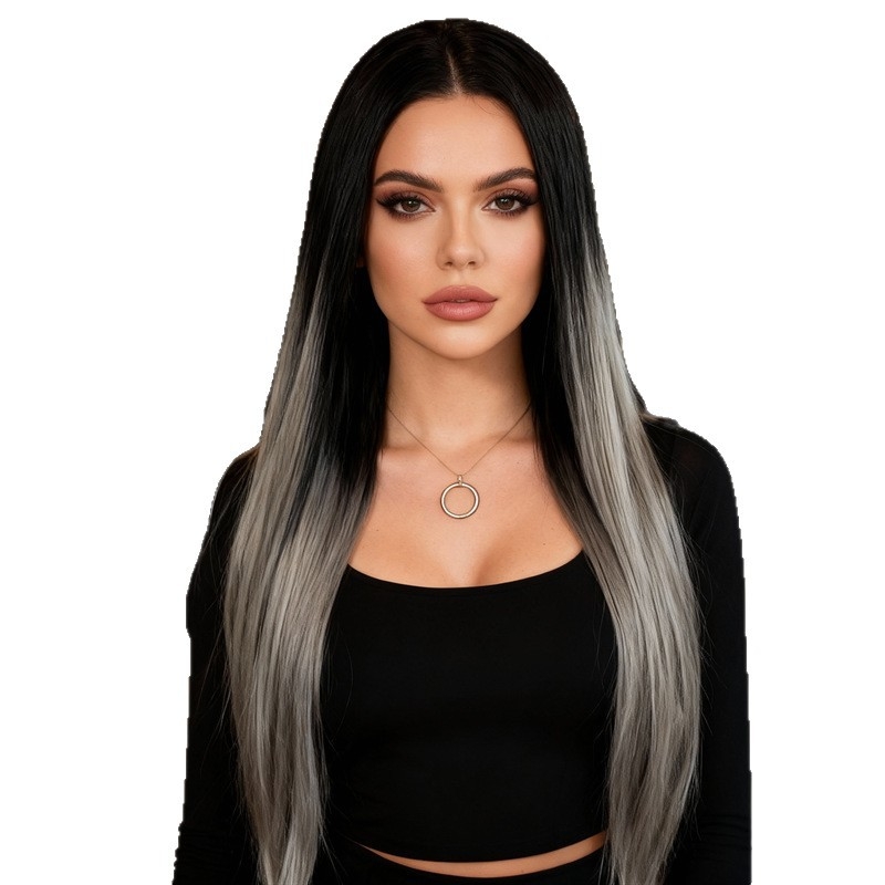 Paruka Lace Front 13x3, dugi ravni pramenovi s srednjom podjelom i kosim fringeom, vlakna otporna na toplinu, model xwy-0291