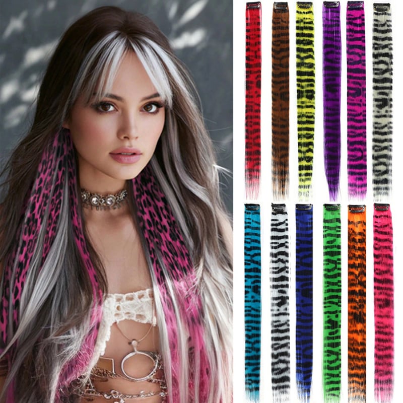 Klip-on set za produženje kose s leopard uzorkom, za žene, 12 komada, ravne, visoko temperaturna svila, mehanička obrada.