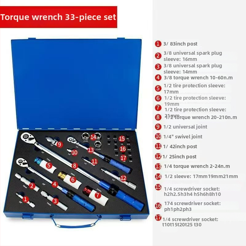 Set mjernih ključeva za moment s unaprijed postavljenom regulacijom, visoka preciznost; materijal: krom-vanadijska čelična legura; za popravke strojeva