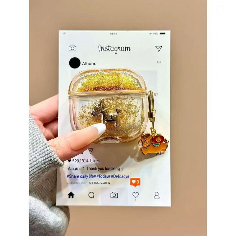 Silikonski 3D privjesak s ponijem, efekt svjetlucavog pijeska, potpuno pokriće, karikaturalni stil, 3D reljef, kompatibilan s kućištima AirPods Pro 3 i AirPods 4