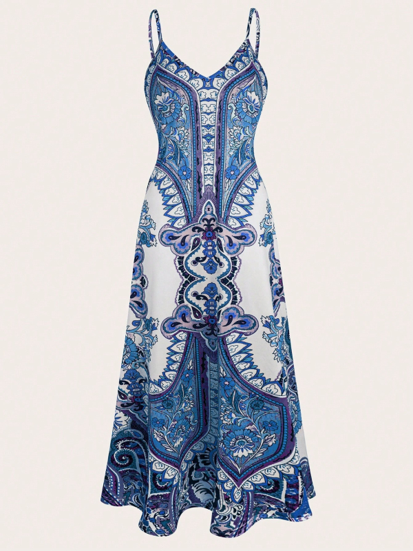 Duga haljina s trakama, porcelanski print, retro stil, visoki struk
