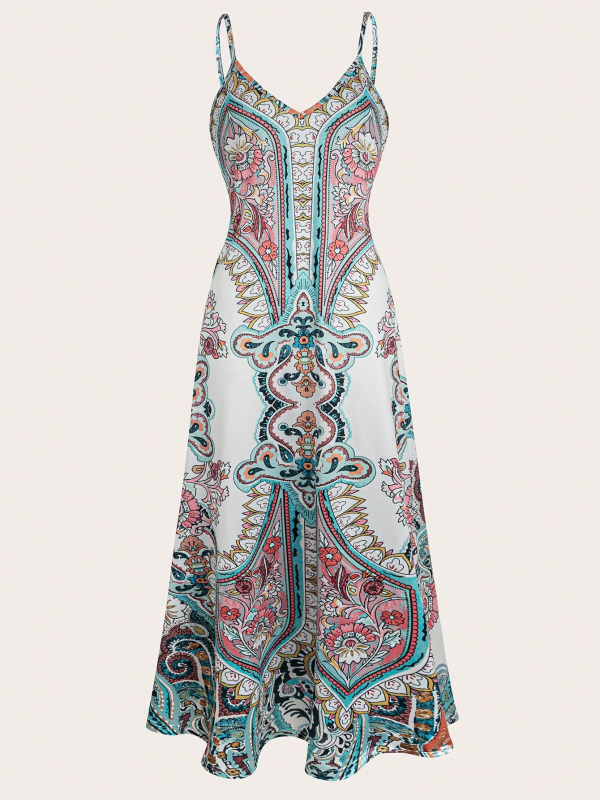 Duga haljina s trakama, porcelanski print, retro stil, visoki struk