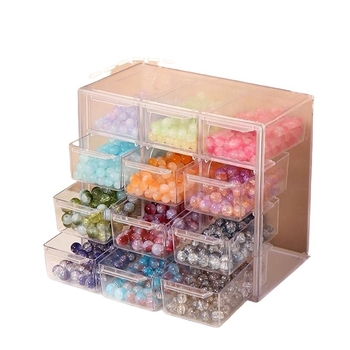 Gyöngy tároló doboz - fiókos asztali típus, átlátszó PET anyag, többszintű rekeszek, fa erezet mintázat, japán stílus