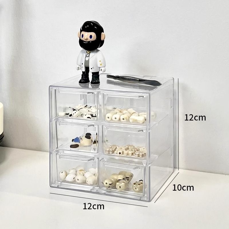 Gyöngy tároló doboz - fiókos asztali típus, átlátszó PET anyag, többszintű rekeszek, fa erezet mintázat, japán stílus