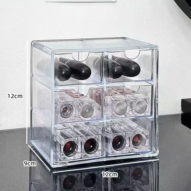 Gyöngy tároló doboz - fiókos asztali típus, átlátszó PET anyag, többszintű rekeszek, fa erezet mintázat, japán stílus