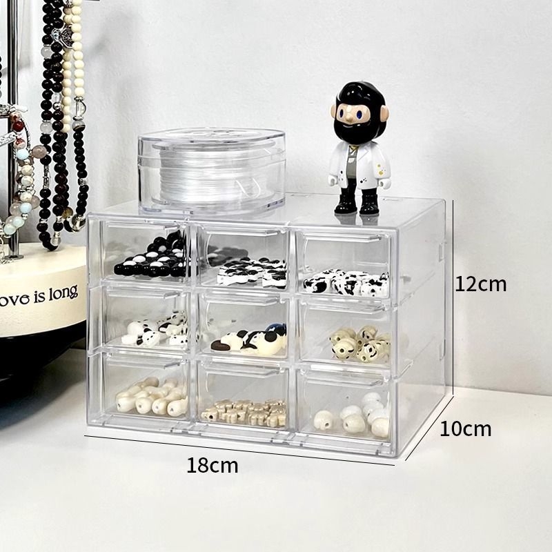 Gyöngy tároló doboz - fiókos asztali típus, átlátszó PET anyag, többszintű rekeszek, fa erezet mintázat, japán stílus