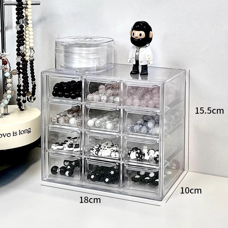 Gyöngy tároló doboz - fiókos asztali típus, átlátszó PET anyag, többszintű rekeszek, fa erezet mintázat, japán stílus