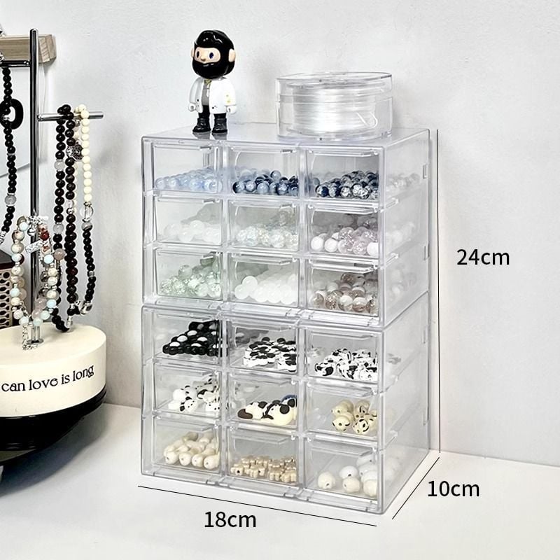 Gyöngy tároló doboz - fiókos asztali típus, átlátszó PET anyag, többszintű rekeszek, fa erezet mintázat, japán stílus