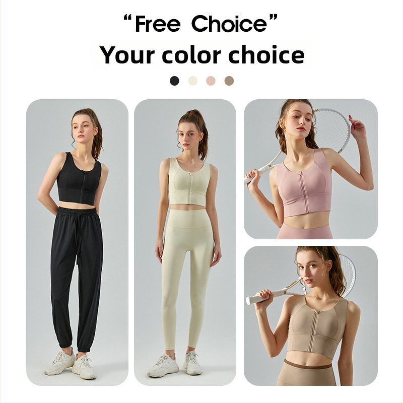 Női elől cipzáros sportmelltartó, párnázott, Nylon/Spandex anyag, magas intenzitású edzésekhez