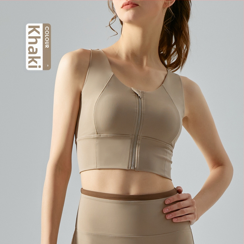 Női elől cipzáros sportmelltartó, párnázott, Nylon/Spandex anyag, magas intenzitású edzésekhez