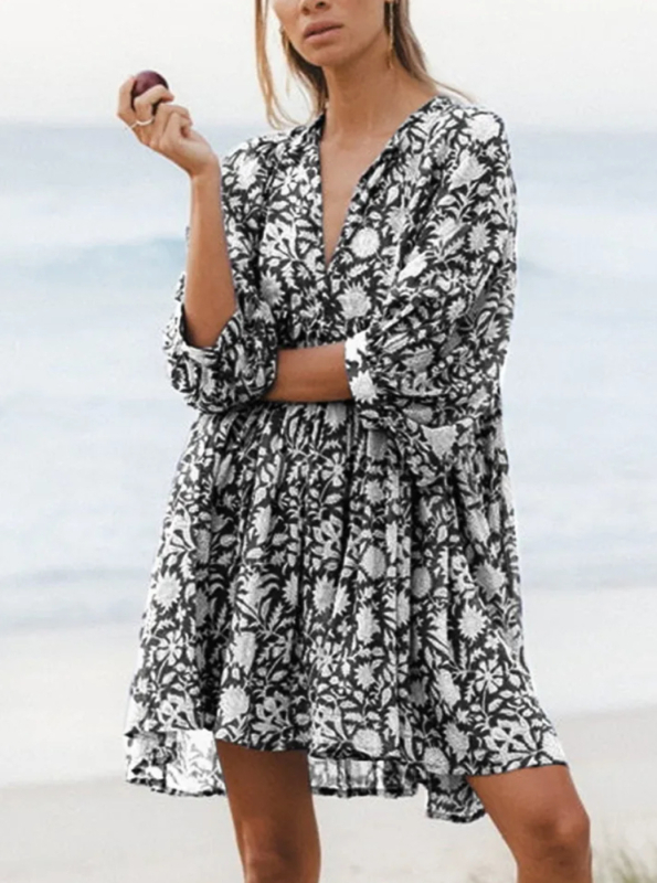 Bohem ruhás virágmintás ruha, V-nyakú, lámpa ujjú, poliészter 95%+