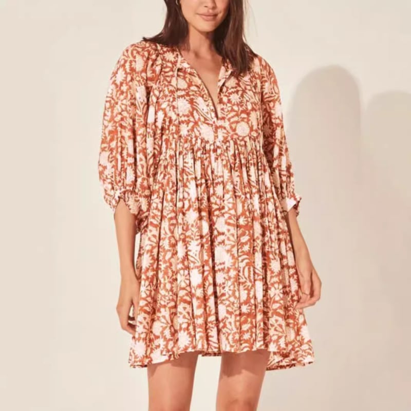 Bohem ruhás virágmintás ruha, V-nyakú, lámpa ujjú, poliészter 95%+