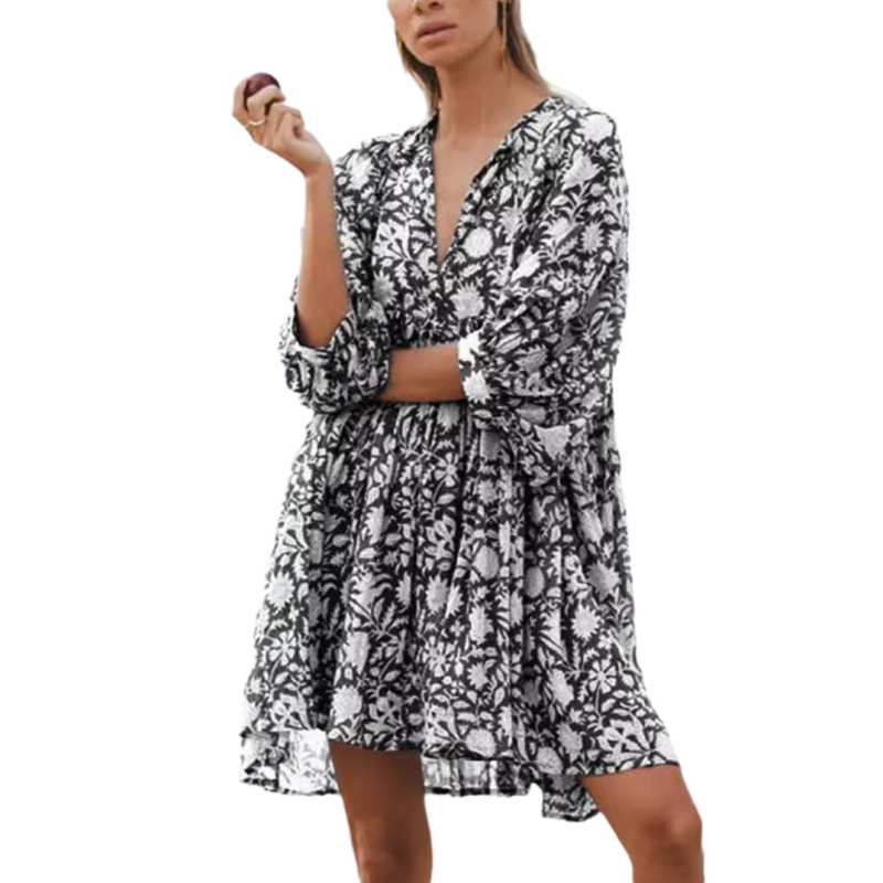 Bohem ruhás virágmintás ruha, V-nyakú, lámpa ujjú, poliészter 95%+