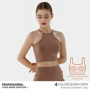 Dámske bezrukovové športové top s vypchávkou na prsiach, 75% nylon / 25% spandex; Vypchávka na prsiach; Vlhkost odvádza; Rýchle schnutie; Dýchanie