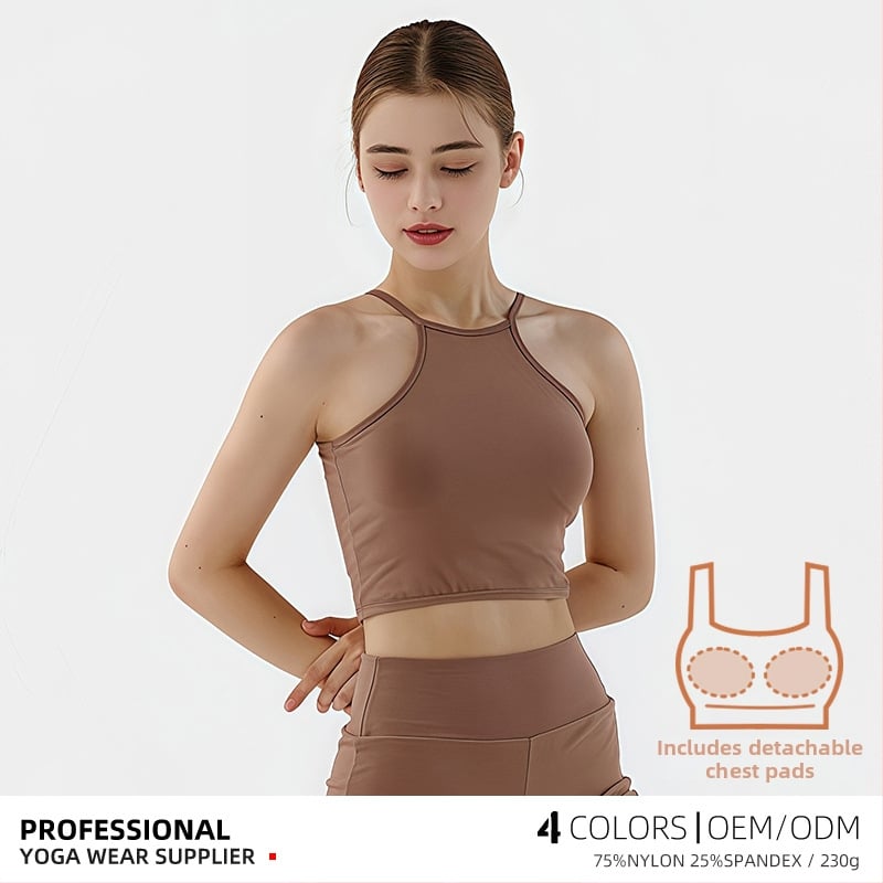 Dámske bezrukovové športové top s vypchávkou na prsiach, 75% nylon / 25% spandex; Vypchávka na prsiach; Vlhkost odvádza; Rýchle schnutie; Dýchanie