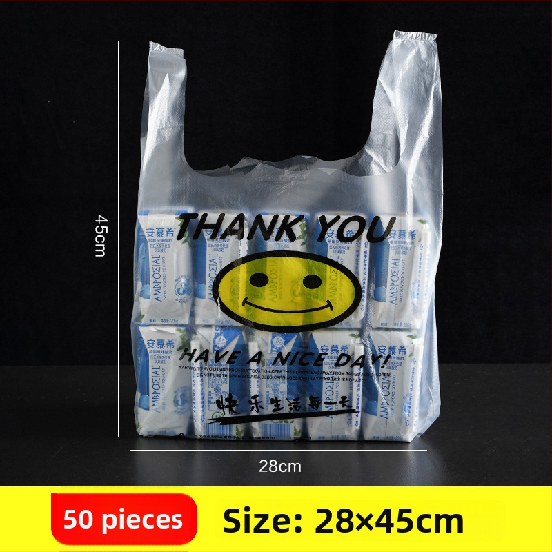 Átlátszó egyszer használatos műanyag zacskó mosollyal, takeaway és vásárláshoz, vastagított kivitel, 500 darabos csomag, nem biológiailag lebomló