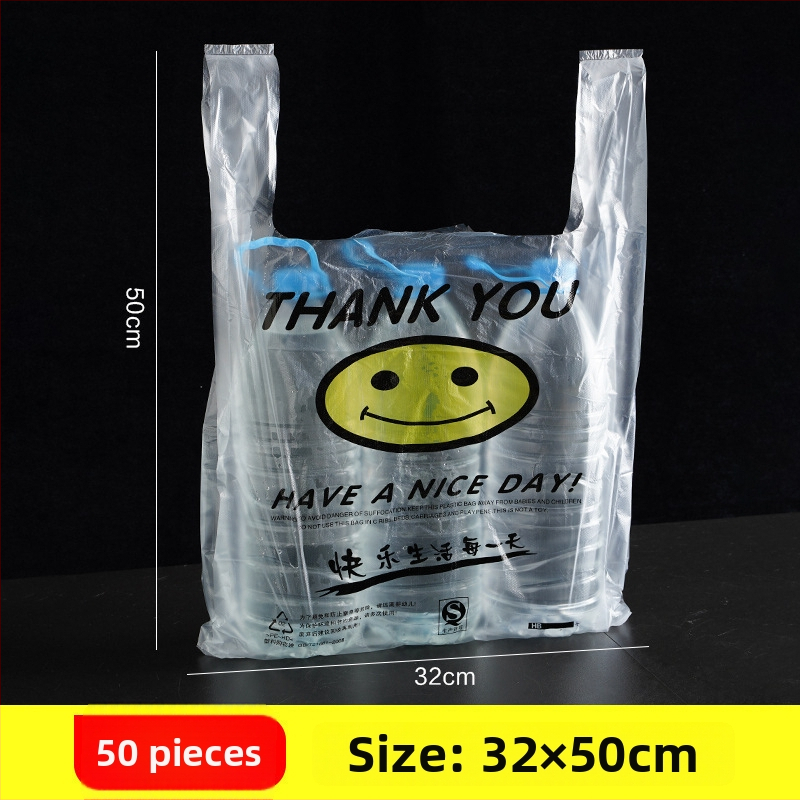 Átlátszó egyszer használatos műanyag zacskó mosollyal, takeaway és vásárláshoz, vastagított kivitel, 500 darabos csomag, nem biológiailag lebomló