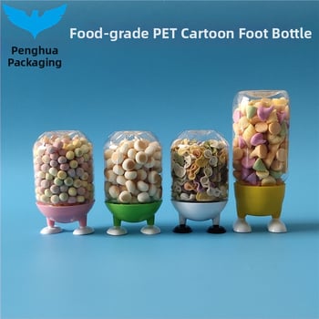 Бутилка с форма на малки крачета, прозрачен PET, персонализирана обработка, печатано лого, капак с малки крачета