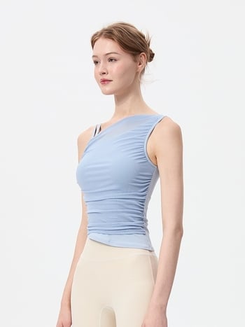 Αθλητικό γιλέκο με ακανόνιστο σταθερό κύπελλο, κεκλιμένους ώμους και πάνελ από δίχτυ, διαπνέον και γρήγορο στέγνωμα από νάιλον/spandex, κατάλληλο για όλες τις εποχές