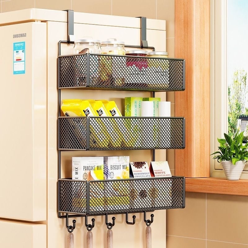 Стенно рафт-органайзер за хладилник, многослоен дизайн за фолио и подправки, монтаж без пробиване