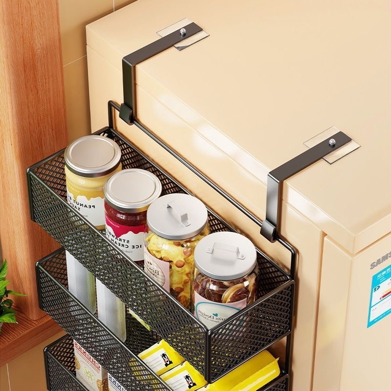 Стенно рафт-органайзер за хладилник, многослоен дизайн за фолио и подправки, монтаж без пробиване